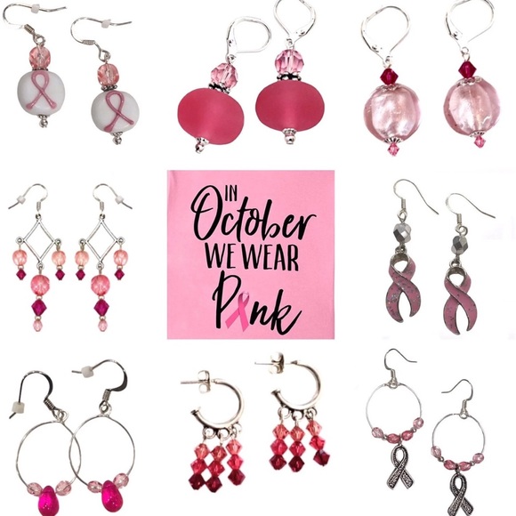 Handmade Lampwork Glass Breast Cancer Awareness Earrings, EB Designs, 1 Pair NEW - Picture 2 of 10